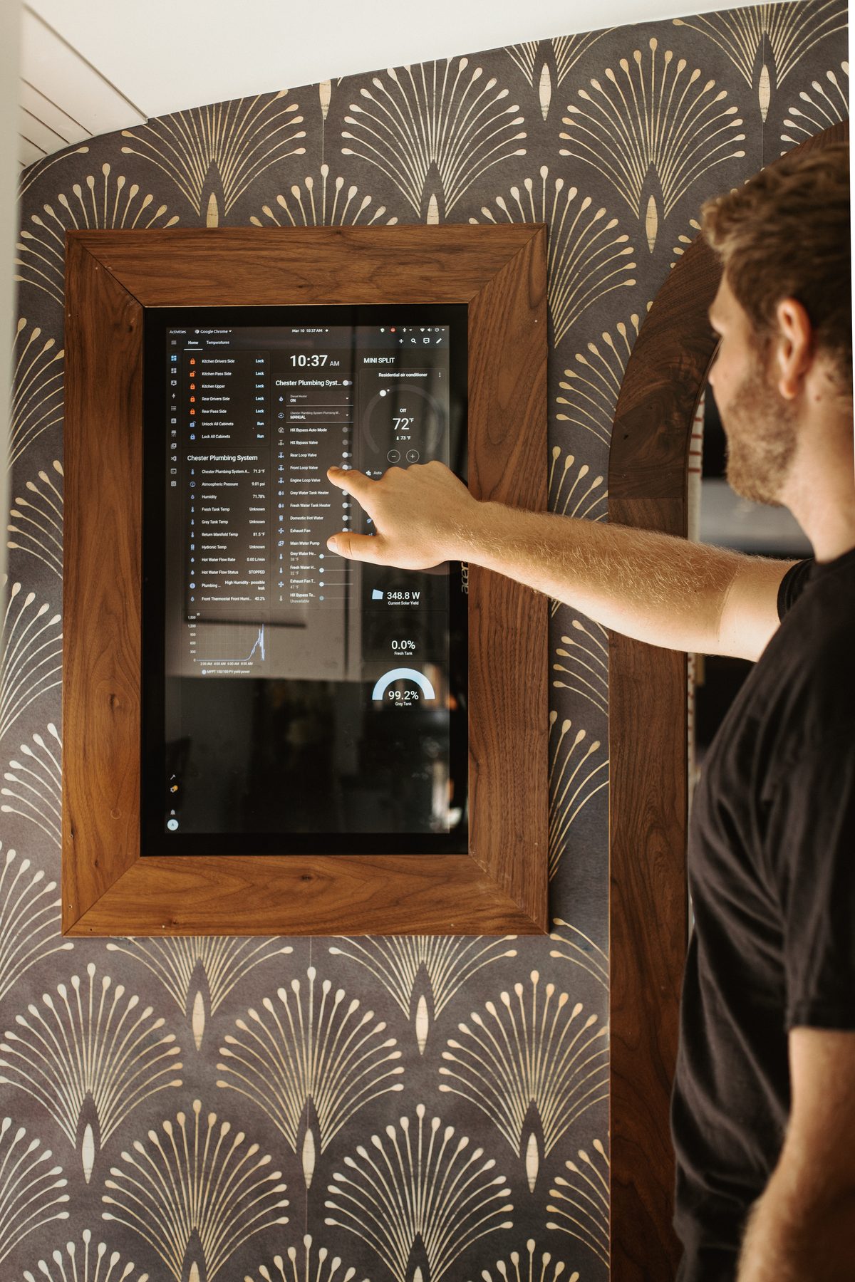 The Home Assistant control dashboard mounted in a walnut frame