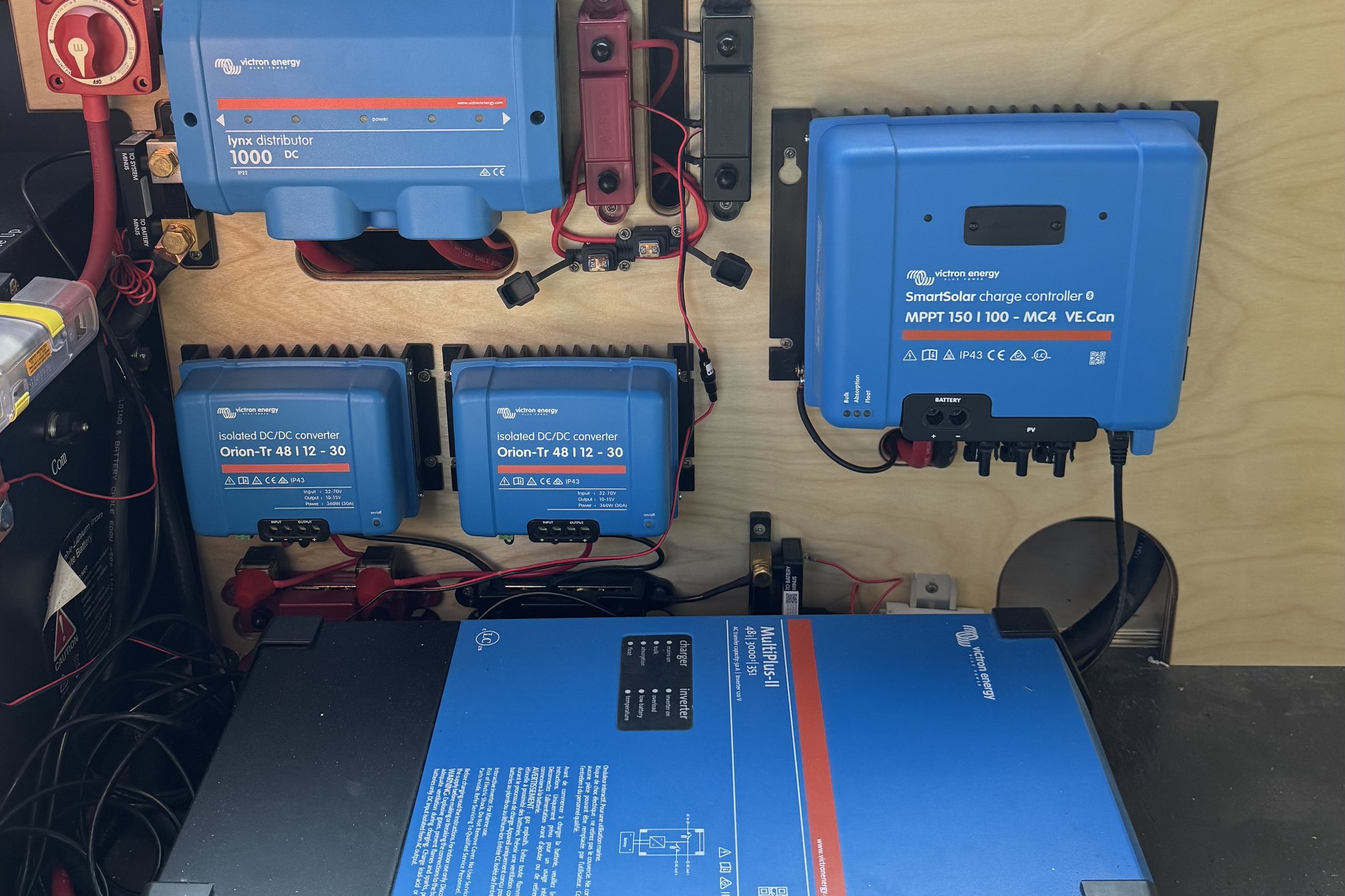The Victron power bay during the build: Lynx distributor, SmartSolar MPPT charge controller, two Orion-Tr DC/DC converters, and the MultiPlus-II inverter/charger