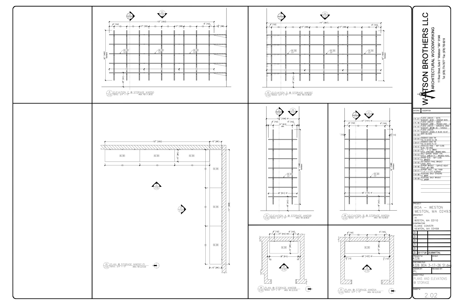 Plans and elevations at storage millwork, Bank of America Weston