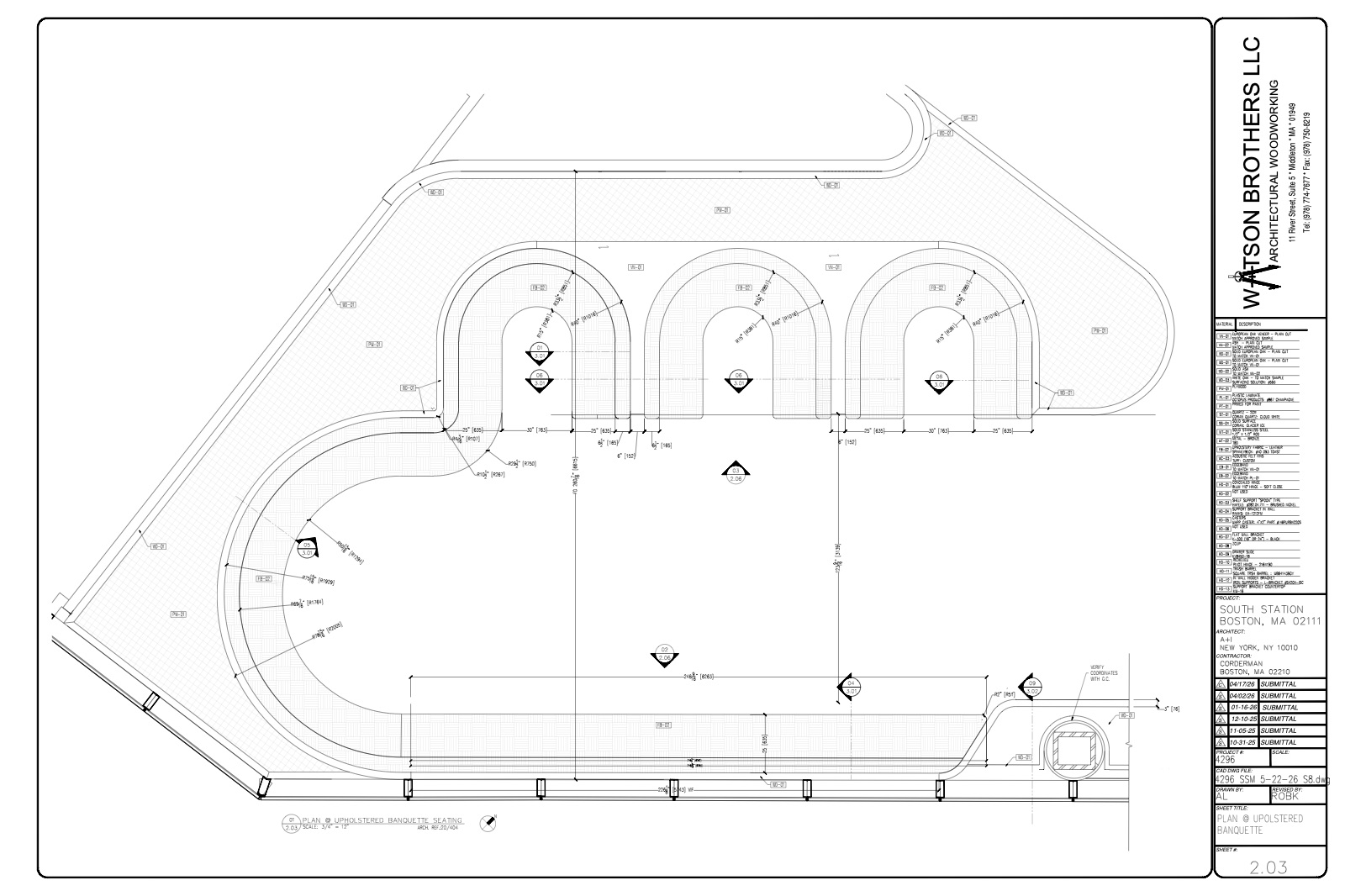 AutoCAD shop drawing of upholstered banquette seating